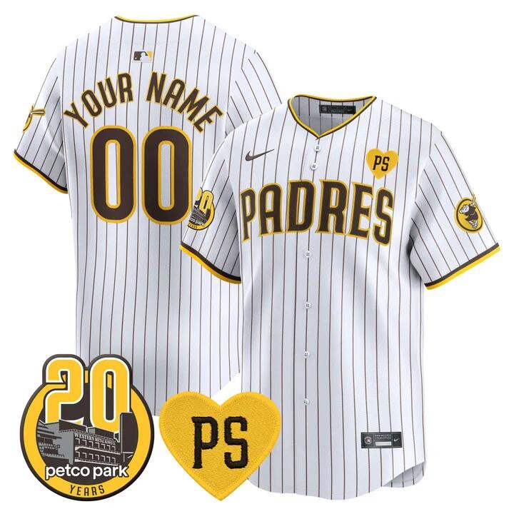Youth San Diego Padres Active Player Custom White “For Peter” And Petco Park 20th Patch Limited Stitched Baseball Jersey